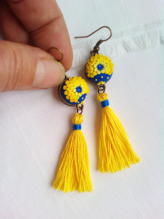 Boho tassel earrings two faces, Mixed technique, Embroidered Earrings, Polymer clay earrings, Gift for her