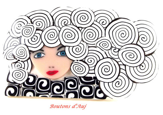 Brooch: a lovely lady in black and white polymer clay. Brooch party for yourself with cute gift bag.