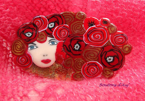 Beautiful red cane brooch. Brooch made of polymer clay and 7.5 cm x 4.3 cm with a gift bag. Face polymer clay brooches