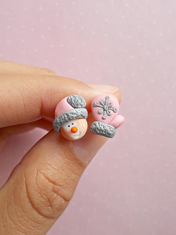 Christmas Earrings - Snowman Earrings - Pink Stud Earrings - Holiday Gift - Secret Santa Gift - Winter Earrings - Christmas Gifts