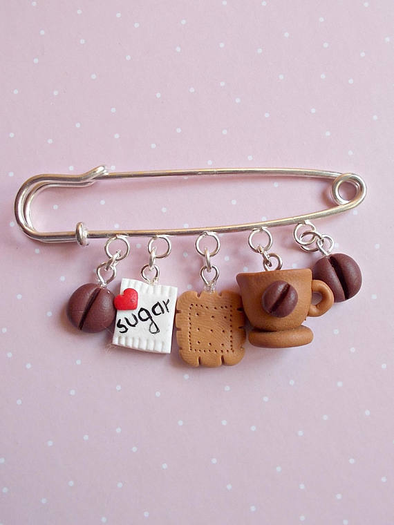 Coffee Jewelry - Coffee Pin- Food Pin - Sweet Coffee brooch - Pin for Coffee Lovers - Food Gift - Food Coffee Gift Christmas Gift - Polymer clay safety pin brooches