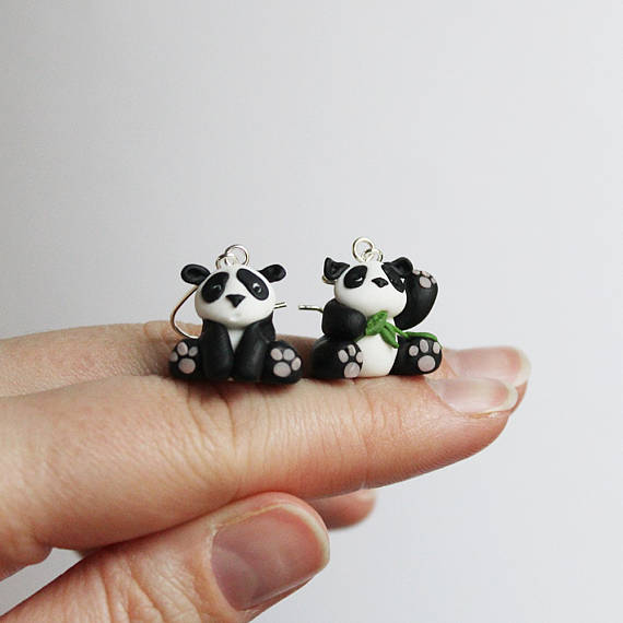 Cute panda bear earrings, hand sculpted polymer clayearrings, statement mismatched earrings, perfect gift, nickel free, black and white