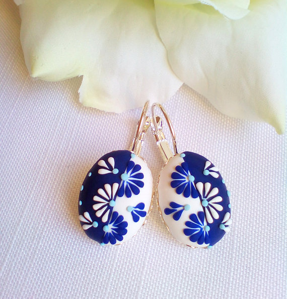 Daisies flower silver /navy blue flowers earrings, Polymer embroidery earrings, Gift for her