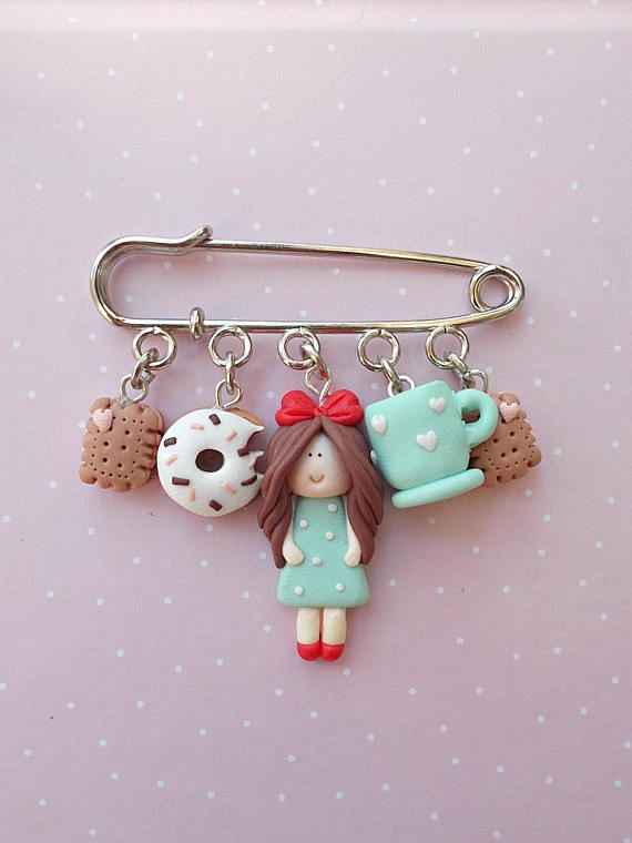 Polymer clay safety pin brooches