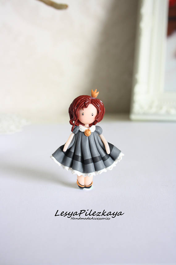 Polymer clay little girl brooch