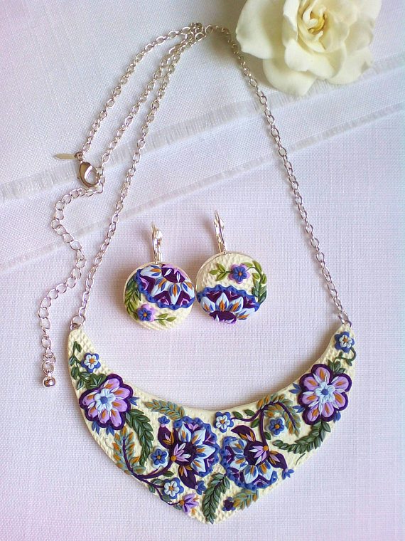 Flower embroidered necklace, Polymer clay set jewelry, Unique embroidered set, Bib Necklace