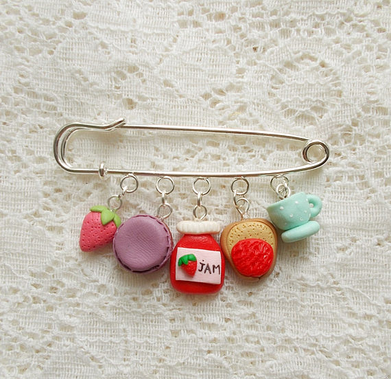 Food Jewelry - Dollhouse food miniatures - Handmade charm pin - Miniature food jewelry- Macaron, jam, tea cup kawaii pins Christmas Gift