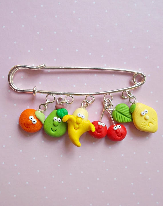 Fruit pin Vegan jewelry Kawaii pins Cute gift for her Banana jewelry Fruit brooch Gift Christmas Gift - Polymer clay safety pin brooches