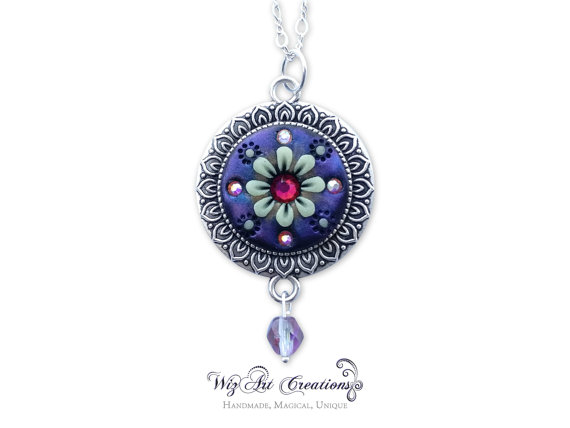 Glow in the Dark Jewelry, Handmade Polymer Clay Pendant, Luminescent Necklace /w Color-Changing Crystal, 'Flower of the Night', Wearable Art