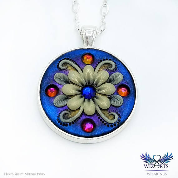 Handmade Jewelry, Glow in the Dark Pendant, Polymer Clay Jewelry, 'Flower of the Night' Necklace with Color-Changing Swarovski Crystals