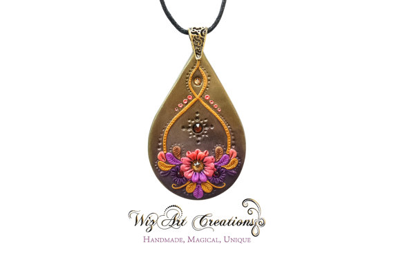 Handmade Polymer Clay Pendant, Handmade Jewelry with Swarovski Crystals, Clay Applique, Clay Embroidery, Golden Dawn, Wearable Art