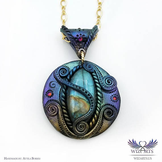 Handmade Polymer Clay and Labradorite Jewelry, Hand Sculpted Pendant, 'The Embrace of the Earth and Sky', One-of-a-Kind Wearable Art