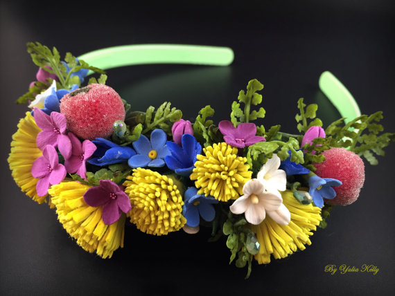 Headband with summer flowers and berries, Summer headband, Dandelions headband, Wildflowers, Headband with flowers, Headband with berries