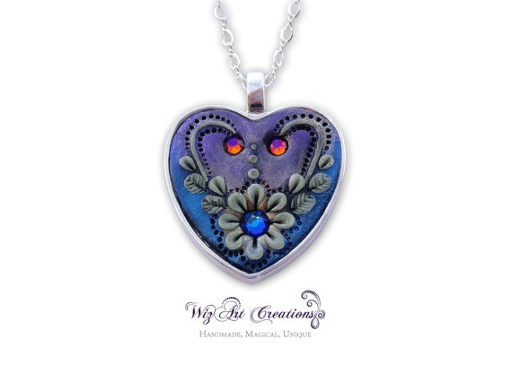 Heart Pendant, Handmade Jewelry, Polymer Clay Pendant, Glow in the Dark Jewelry, Luminescent Necklace, Love Pendant, 'Flower of the Night'