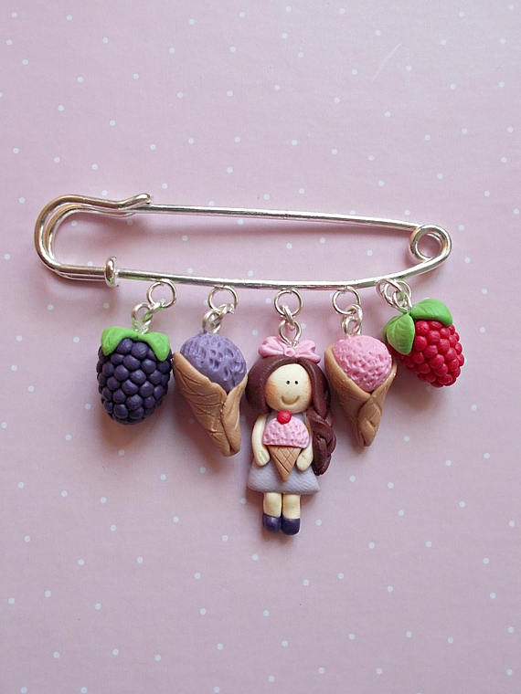 Polymer clay safety pin brooches