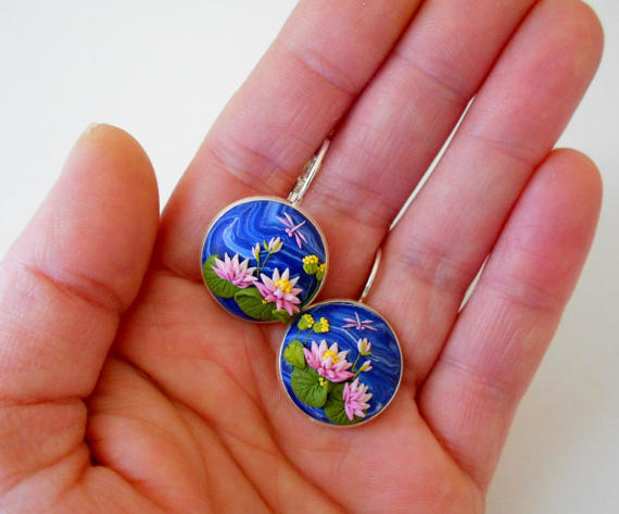 Japanese lotus earrings, flower filigree earrings, romantic flower filigree earrings, Polymer clay embroidery earrings, Gift for her