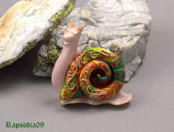 Jewelry Snail brooch jewelry Gold red jewelry Filigree brooch Polymer clay brooch Statement jewelry