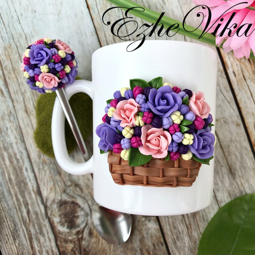 Mug decorated with polymer clay flowers bouquet