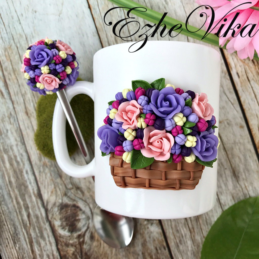 Mugs decorated with polymer clay