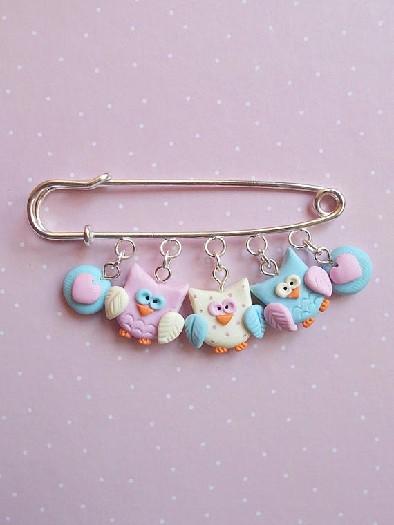 Polymer clay safety pin brooches