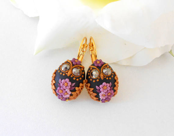 Owl earrings flower filigree, Gold Purple Black flower earrings, Flower filigree earrings, Polymer embroidery earrings, Gift for her