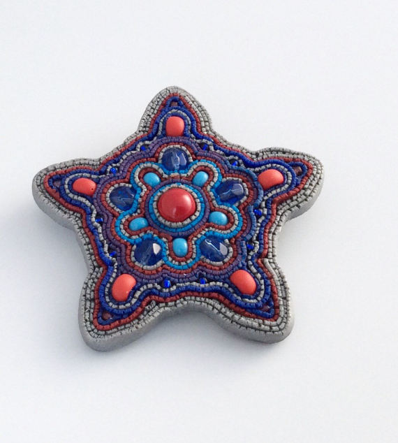 Polymer clay brooches ideas. Handmade brooch. Imitation of soutache brooch. Star brooch.