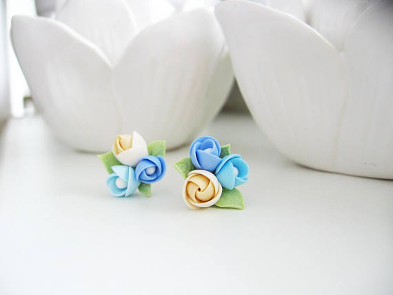 Polymer clay colored roses earrings - Light Blue Cream flower studs posts earrings Spring Wedding earrings