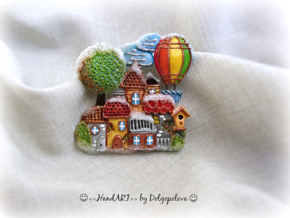 Polymer clay jewelry - Brooch - little town - houses - balloon brooch - house brooch - nesting box - gift ideas - gift for her - lovely polymer clay brooches