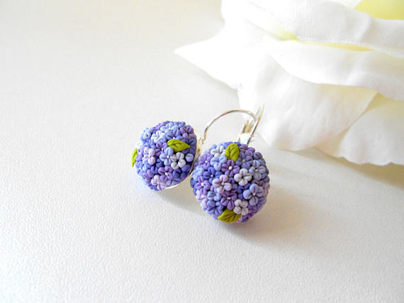 Purple Hydrangea Earrings, Unique Polymer Clay Earrings, Stud Earrings, Floral Filigree Earrings, Unique Gift, Polymer clay applique jewelry