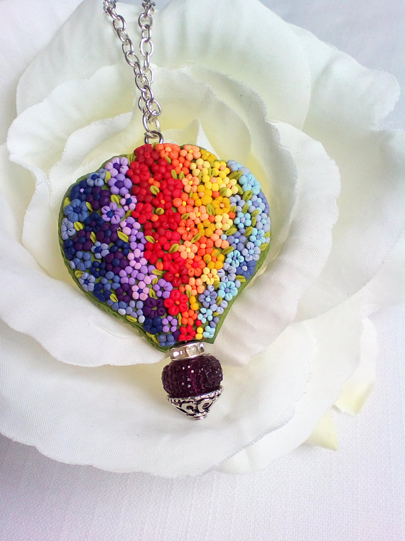 Rainbow hot balloon floral pendant, Embroidery floral pendant, Polymer clay rainbow necklace, Gift for her, Polymer clay applique jewelry
