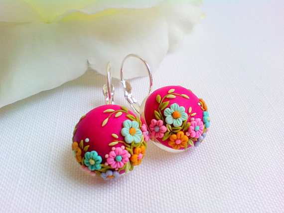 Romantic fuchsia Earrings, Unique Polymer Clay Earrings, Flower Earrings, Floral Filigree Earrings, Unique Gift, Beautiful earrings with floral motif