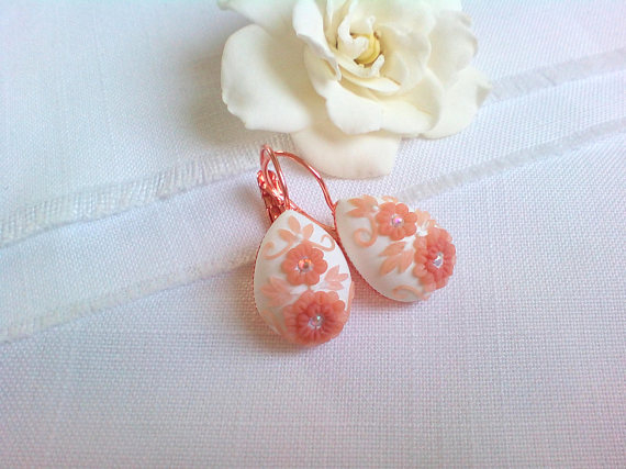 Rose gold / peach flowers earrings with Swarovski crystals, Flower filigree earrings, Polymer embroidery earrings, Floral Wedding Earrings