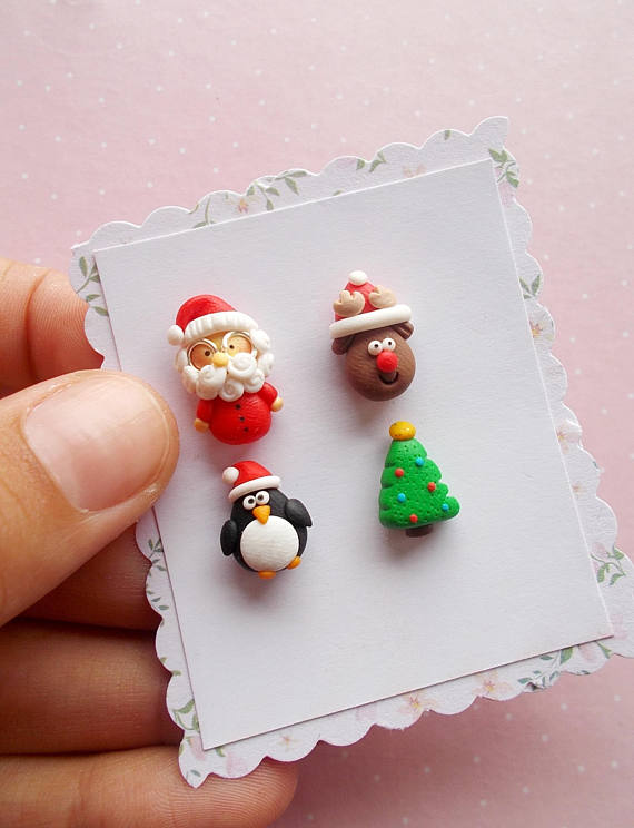 Santa Earrings - Christmas Earrings - Stud Earrings - Santa Jewelry - Secret Santa Gift - Christmas Gift - polymer clay Christmas earrings