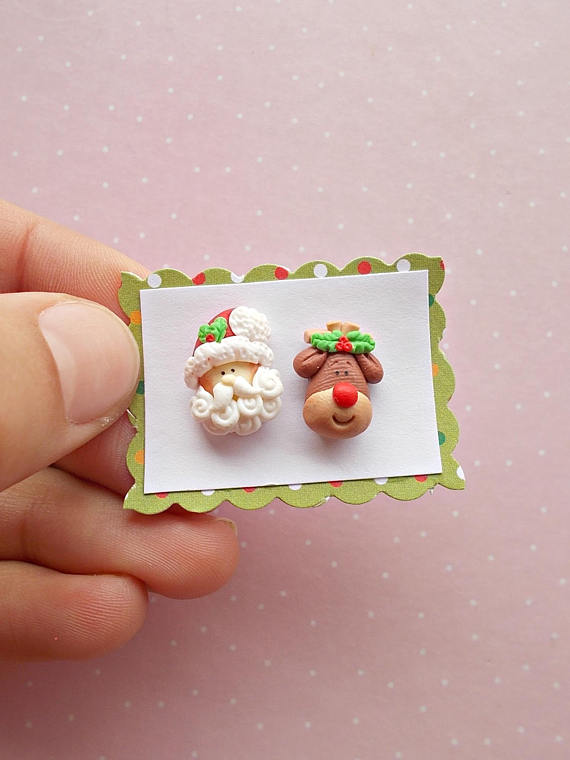 Santa and Rudolph Earrings - Christmas Gifts - Christmas Earrings - Xmas Earrings - Mismatched Studs - Reindeer Earrings