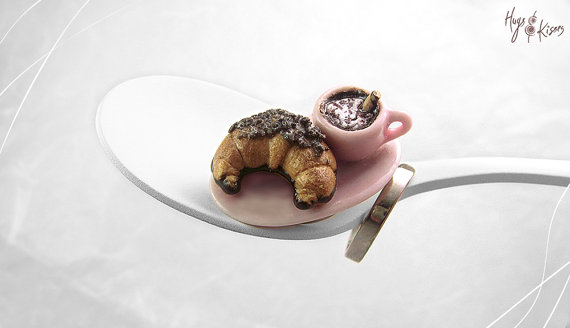 Scented Croissant & Coffee Ring, Chocolate Ring Espresso, Mini Food Jewelry, Polymer Clay, Pastel Pink Ring, Foodie gift,French Dessert Ring