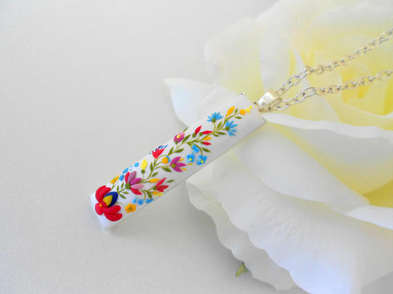 Silver flower necklace, Embroidery flower necklace, Flower necklace, colorful embroidered jewelry, Polymer clay jewelry