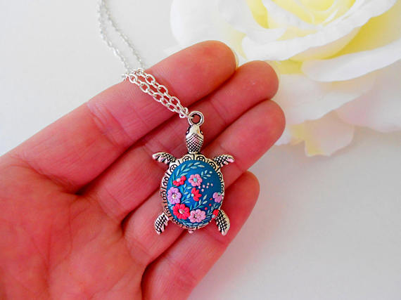 Silver turtle necklace, Flower necklace, colorful embroidered jewelry, Polymer clay jewelry