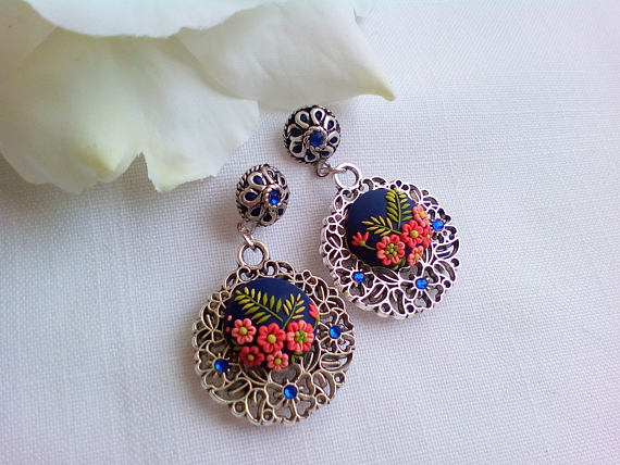 Vintage embroidery floral earrings, flowers earrings, Polymer embroidery earrings, Gift for her