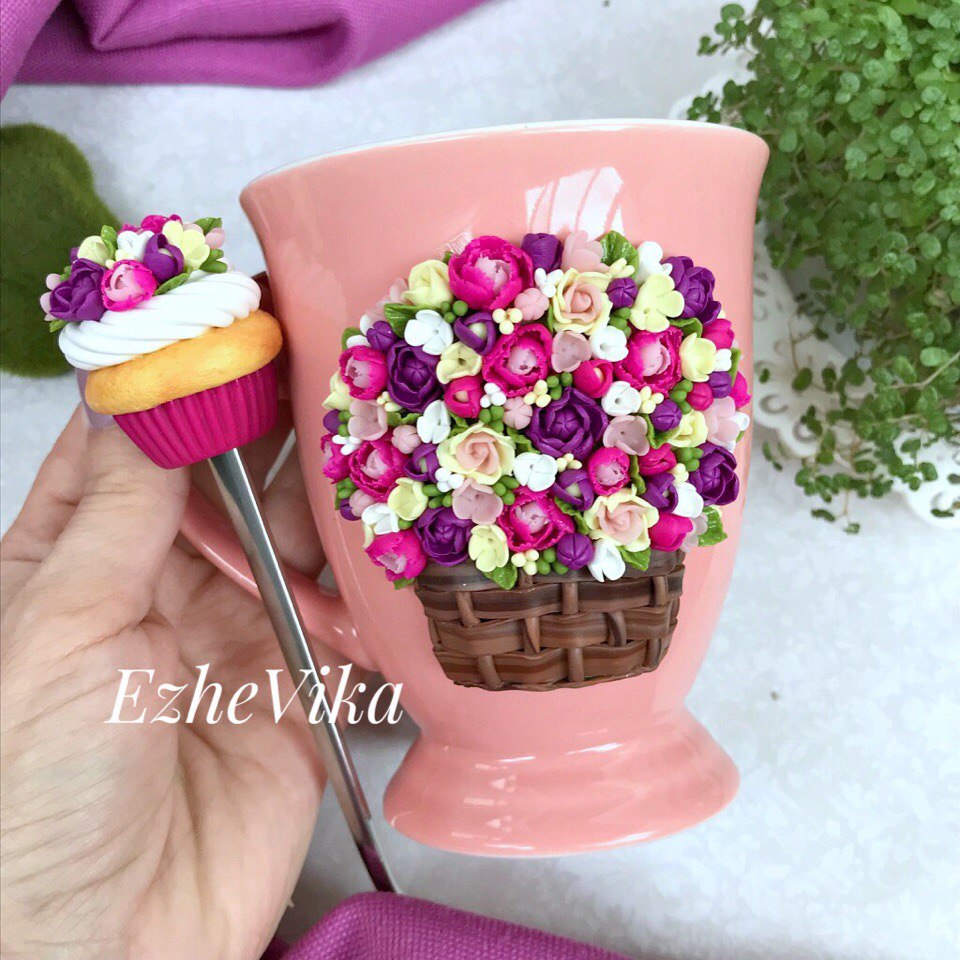 Mugs decorated with polymer clay