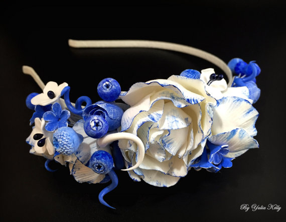 polymer clay headbands Flowers Headband, Flower crown headband, Blue Flower Crown, Headband Flower, Floral hairpiece, Boho headpiece, Ethnic style headband