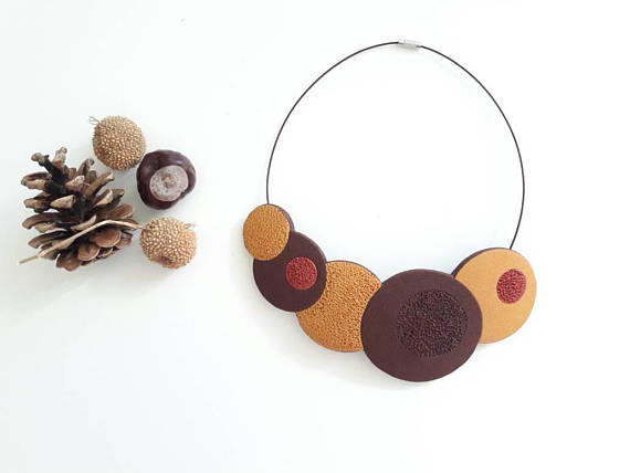 Autumn color polymer clay necklace, bib necklace, brown necklace, gift for her, statement necklace, fimo necklace, mustard color necklace