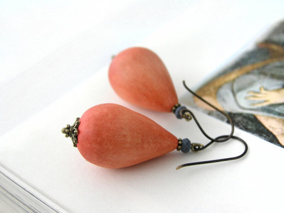 Autumn orange drop earrings, ombre, air dry clay, oxidized antiqued brass, reddish orange, grey faceted glass bead