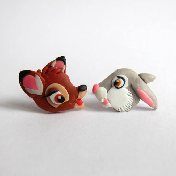Bambi and Thumper Earrings, Roe Deer Forest Animals Jewelry, Polymer Clay Earrings, Polymer Clay Jewelry, Disney Girls Fimo Earrings, polymer clay funny studs