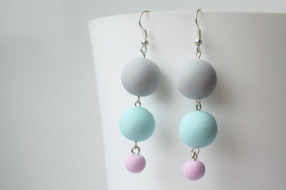 Beaded dangle earrings, Pastel Drop earrings, Beaded jewelry, Geometric earrings, Long earrings, Polymer clay earrings, Matte Ball earrings