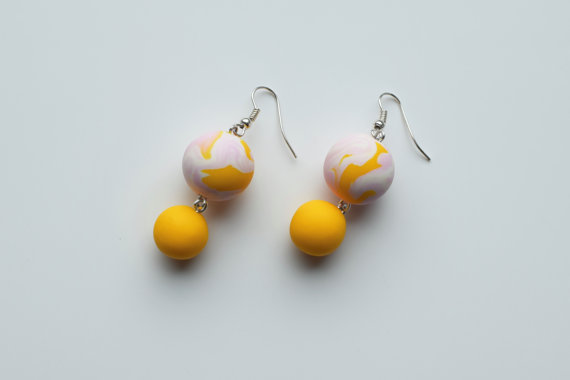 Beaded dangle earrings, Yellow drop earrings, Pastel hanging earrings, Minimal dangling earrings, Fashion pearl drop earrings, Gift for her