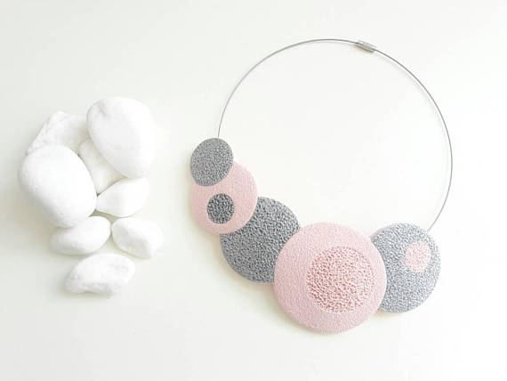 Beautiful romantic necklace, baby pink and silver necklace, bib necklace, coral texture, polymer clay jewelry, pastel colors necklace