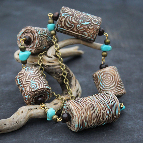 Big Beads Necklace Womens Gift Necklace Beige Necklace Turquoise Gemstone Necklace Large Jewelry Large Boho Necklace Statement Necklace Polymer clay bohemian jewelry
