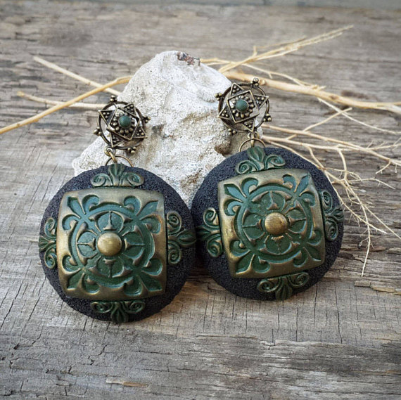 Black Statement Earrings Bohemian Earrings Polymer Clay Earrings Girlfriend Gift Dangle Earrings Art Deco Style Large Earrings Boho Chic