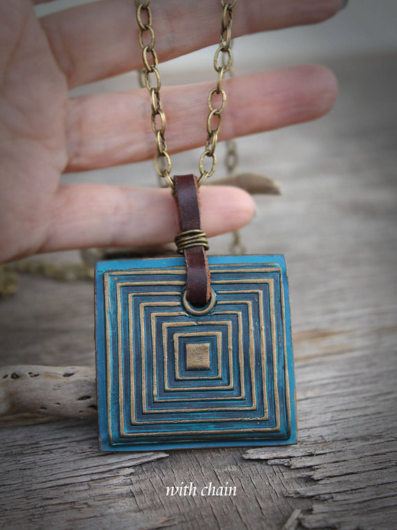 Boho Jewelry Square Boho Pendant Patina Jewelry Leather Boho Necklace Geometric Ethnic Pendant Necklace Large Jewelry Gift Necklace for Her