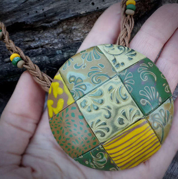 Boho Necklace Artisan Green Yellow Necklace Spring Summer Jewelry Unique Gift for Girlfriend Polymer Clay Jewelry Large Pendant Necklace